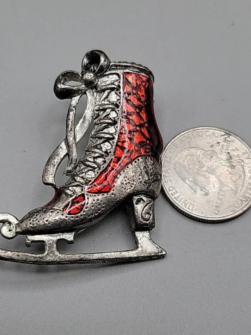 Vintage Red & Silver Tone Ice Skate Brooch Laced Up With Bow